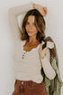 Lace Trim Button Henley Lettuce Edge Ribbed Top